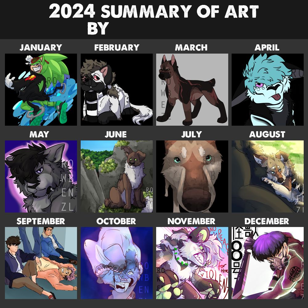 Shows a by-month compilation of my art.
Jan - a drawing of scourge the hedghog, Feb - black and white hyena with a striped scarf, March - a reddish brown and black dog with scars on his body, April - an old fursona with black fur and pale skull markings, May - another olf fursona who's a grey cat/panther with black hair and purple eyes on a purple background, June - an oc that's a cat with large ears, one of which is floppy. He has a white fluffy neck, belly and tail tip, July - oc faux render of my fursona staring at the viewer directly, Aug - same character as July, but he's younger and hugging a bear, looking sad, sept - group drawing of three humans, all leaned up against the wall. two have their backs to it, but the middle one is lying on his back with his legs resting up against the wall, Oct - smilodon OC with a big grin, crying, Nov - Oc standing in front of a rendition of the trans flag, crying, with text that reads "No peace for the violent", Dec - fanart of soshiro hoshina from the manga kaiju no. 8