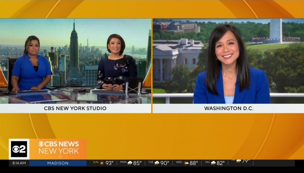 WCBS anchors Elaine Quijano and Jennifer Bisram in New York talking with CBS News senior White House correspondent Weijia Jiang during an live broadcast of CBS News New York from Washington D.C. on Sunday, July 5, 2025.