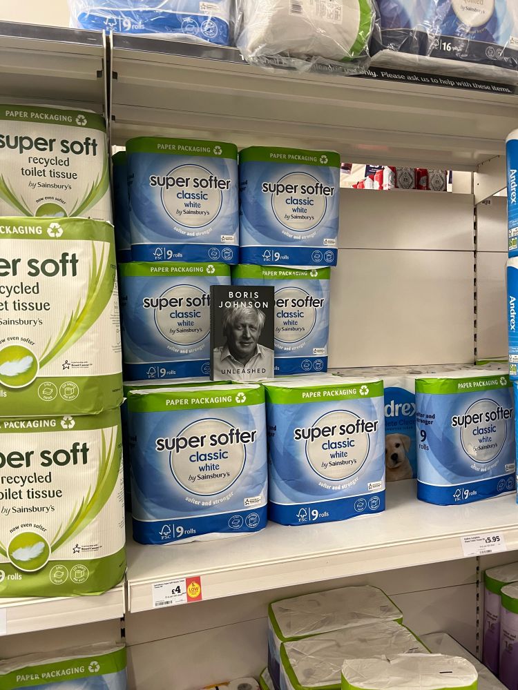 Boris Johnson’s new book stacked up amongst the toilet paper in Sainsbury’s 