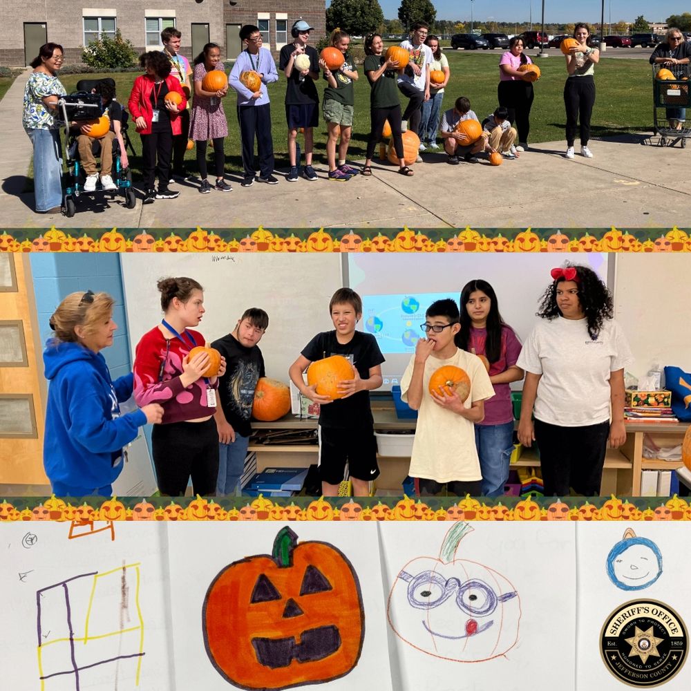 A collage of three photos framed with a pumpkin-themed border. The top photo shows a group of students and staff standing outside on a sunny day, each holding a pumpkin. Some are smiling, and one student is in a wheelchair. The middle photo shows a smaller group of students inside a classroom, holding pumpkins and smiling while a teacher stands nearby. The bottom image displays colorful drawings of pumpkins on paper, including one with a jack-o’-lantern face and another with glasses and a smile. The Jefferson County Sheriff’s Office logo appears in the lower right corner.