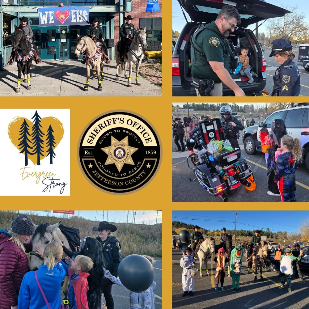 Collage showing Jefferson County Sheriff’s Office deputies with community members at an Evergreen Trunk or Treat event. Includes mounted patrol deputies, kids in costumes meeting deputies and horses, a deputy handing out candy, the Evergreen Strong logo, and the Sheriff’s Office logo.