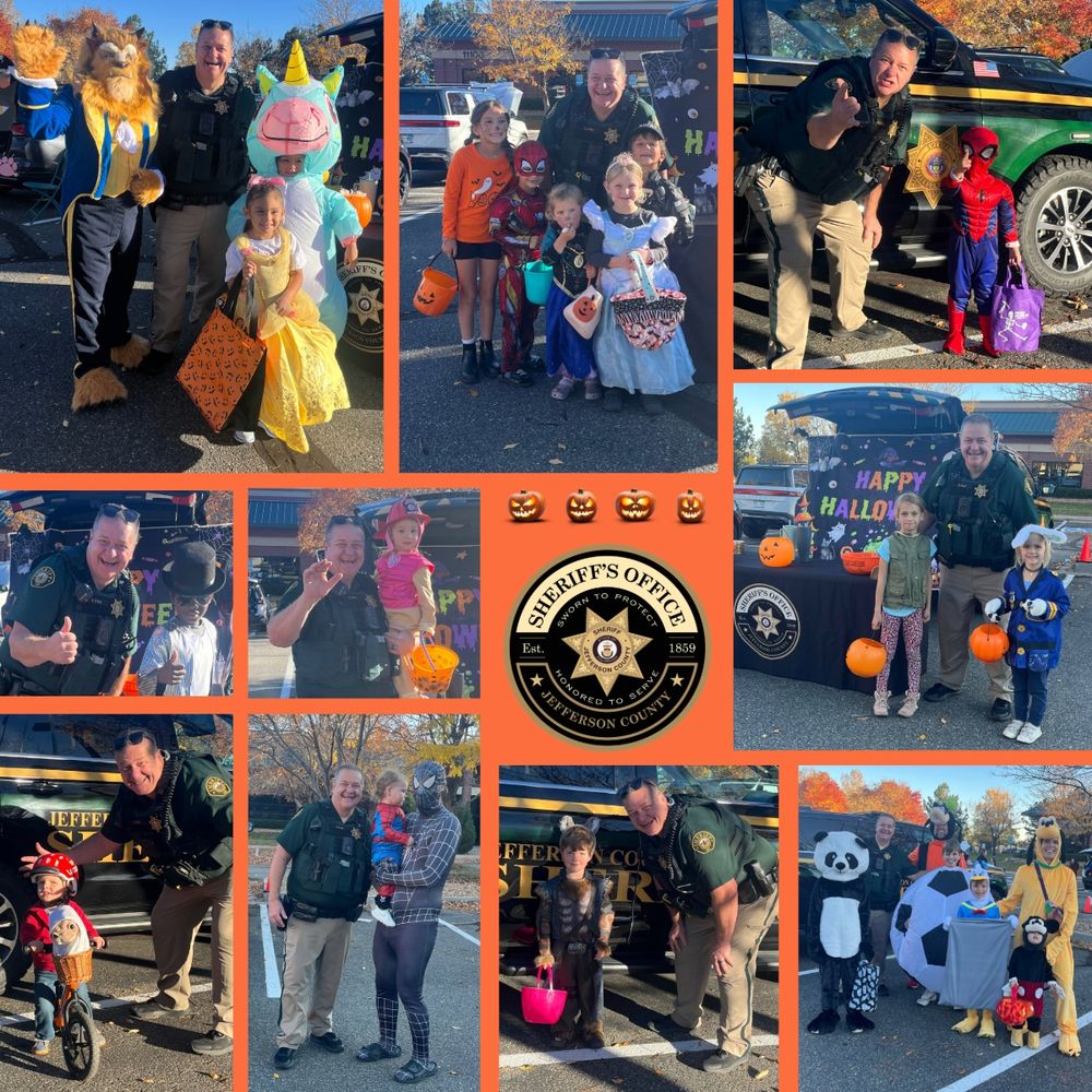 A collage of photos shows a Jefferson County Sheriff’s deputy smiling and posing with children and families dressed in Halloween costumes during a community Trunk-or-Treat event. The costumes include characters such as Spider-Man, a princess, a unicorn, a panda, and a soccer ball. The decorated sheriff’s vehicle and trunk feature festive “Happy Halloween” signs, pumpkins, and candy buckets. Autumn trees with colorful leaves fill the background. In the center of the collage is the Jefferson County Sheriff’s Office logo surrounded by small pumpkin icons on an orange background.