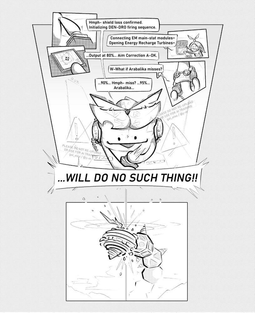 a comic 'page' depicting Arabalika (an aranara from Genshin Impact), along with Arakunti and Arapandu, shooting down a Ruin Serpent, in a parody of the scene in Armored Core VI: Fires of Rubicon where Rusty shoots the ICE-WORM. The script has been modified to fit the Genshin setting as well as the Aranara, and the iconic "I won't miss" like from Rusty has been modified to Arabalika's "Arabalika will do no such thing".
