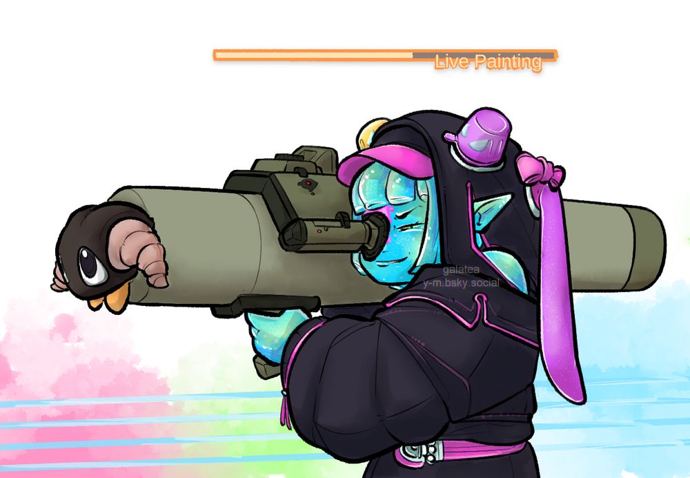 An illustration of Sugar Riot, the Arcadion Boss (AAC Cruiserweight M2) Lalafel from Final Fantasy XIV aka FF14. She's in her pudding slime resonator enabled mode, and leveling a rocket launcher at something off-screen.

She looks awfully smug, and the launcher is loaded with a little Yan, their itty bitty forelegs sticking out. Above her is the casting bar for her add summoning skill, Live Painting. hashtag girlboss hashtag orange and whatnot