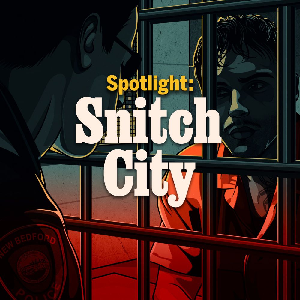 A police officer looks at a person inside a jail cell. Text on the card reads: “Spotlight: Snitch City”