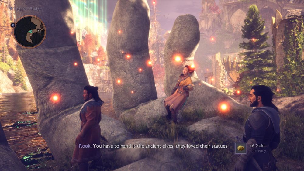 A screenshot where Rook, Bellara, and Lucanis are standing on a large carved stone hand in Arlathan, with water visible between the fingers, and ruins, magic, and trees visible in the distance. Rook is saying, "You have to hand it to the ancient elves, they loved their statues."