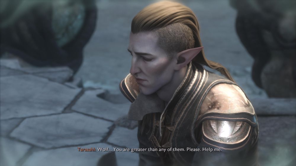 A screenshot from Dragon Age: The Veilguard within a Solas memory, where younger Solas is kneeling on the ground next to a blighted freedom fighter in his cause, Tarashi. Tarashi says, "Wolf... You are greater than any of them. Please. Help me." This is right before he stabs Tarashi. 