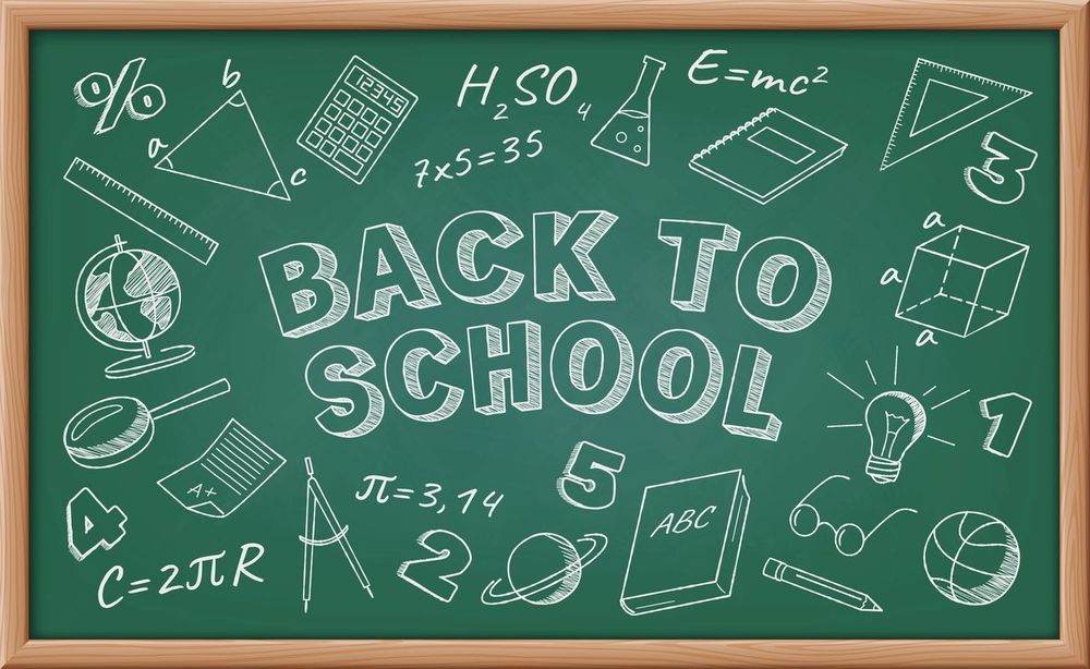 A green chalkboard with the words “Back to School” written in large white chalk letters in the centre. Surrounding the text are doodles of school-related items.