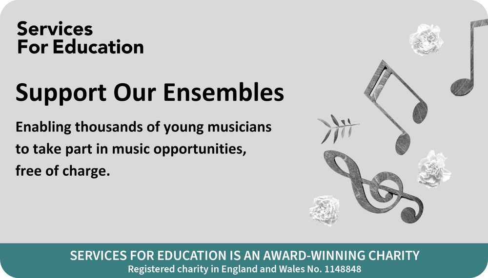 Graphic from Services For Education promoting free music opportunities for young people, with musical notes and flowers on a grey background.