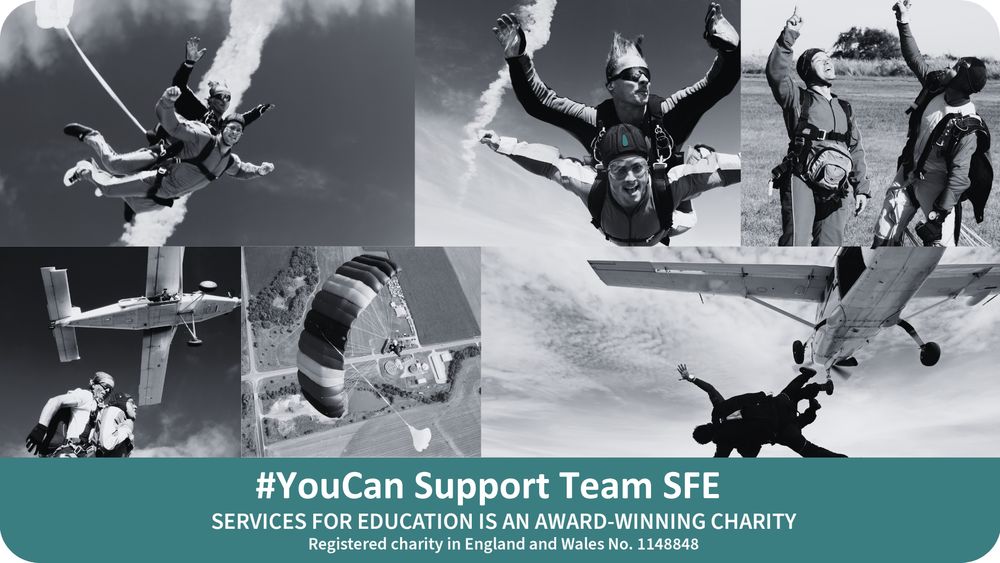 Collage of skydivers mid-jump and landing, promoting a charity skydive for Services For Education with the message: 