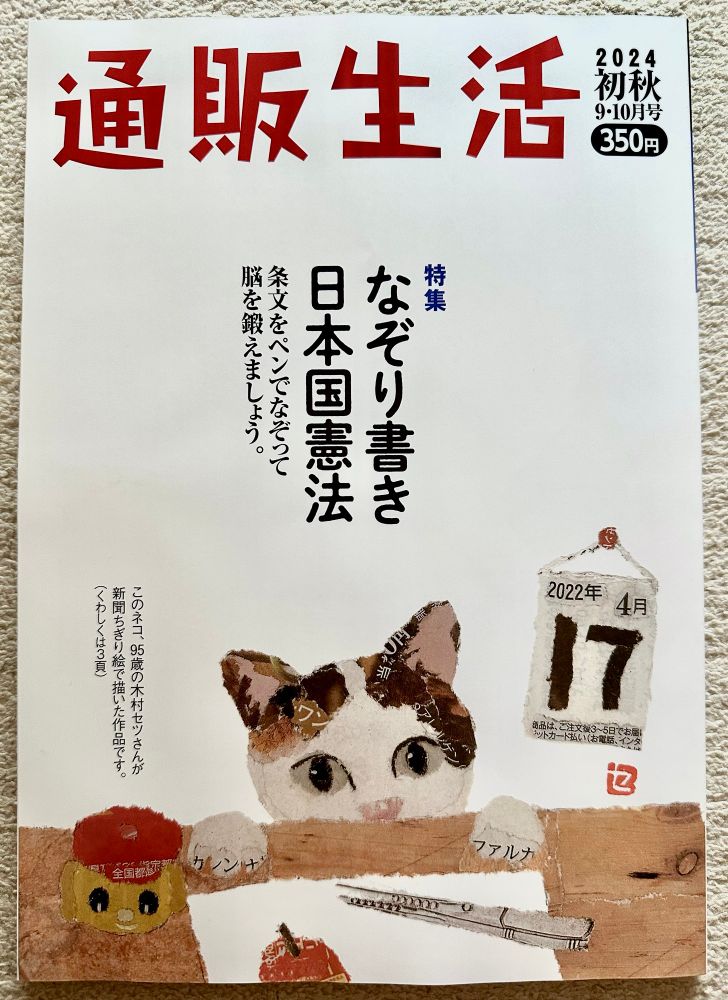 カラフルな新聞ちぎり絵をフィーチャーした雑誌の表紙。ちぎり絵ではテーブルの縁から覗く猫が描かれ、テーブルの上にはカッターナイフやフエキのり、リンゴが貼られた作成中と思われる作品が置かれている。猫の右手には壁にかけられたものか「2022年4月17日」とある日めくりカレンダーが見える。「このネコ、95歳の木村セツさんが新聞ちぎり絵で描いた作品です。」との表記が添えられている。
タイトル「通販生活」は上部に赤で目立つように表示され、「2024初秋」と示されている。「特集 なぞり書き日本国憲法」と中央に大きく書かれ、その傍には「条文をペンでなぞって脳を鍛えましょう。」とある。