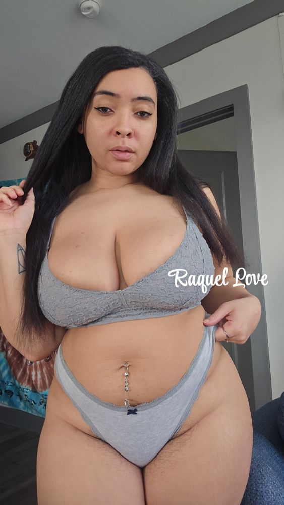 Raquel is standing wearing a gray bralette and grayish-white thong panties.
See more at : allmylinks.com/loveraquelxo 
