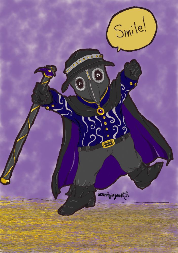 Chibi of Doctordeed's plague doctor avatar, doing an enthusiastic pose, looking happy, and saying "smile!". He is wearing black leather gloves and boots, a black hat with grey lining and gold embellishments, a black plague doctor mask, a black and purple cloak fastened by a purple brooch set in gold, grey pants, black belt with gold buckle, and a navy blue shirt with light grey/silver swirls on it, decorated by gold buttons. He is carrying a black walking cane in one hand with golden swirls decorating its surface and the top a small plague doctor head (the head is purple and the hat matches his). The background is a purple clouded texture while the ground is a light and darker shade of gold with a pebbled texture.