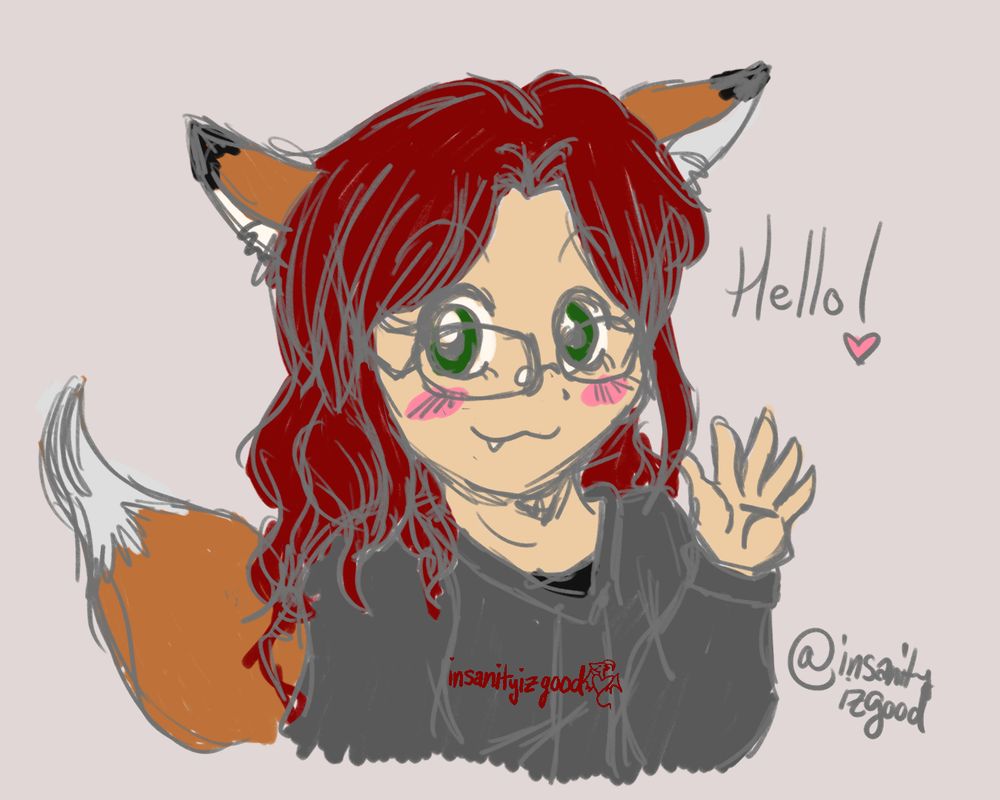 Red-haired fox girl with glasses, green eyes and dark grey hoodie waving hello.