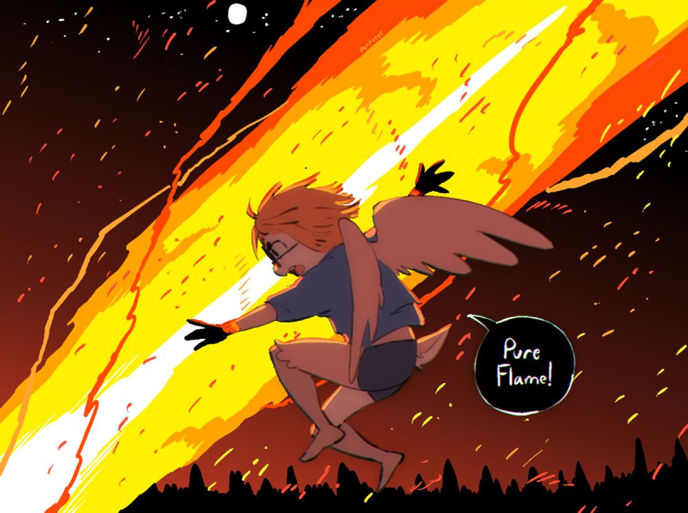 My character Alice conjuring a pillar of flame to her side, targeting something below her. She calls out "Pure Flame!"