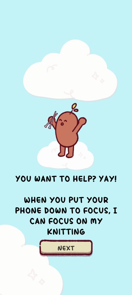 A screenshot of a humanoid bean, arms in the air in excitement, holding a pair of knitting needles in one hand. Text reads "You want to help? Yay! When you put down your phone to focus, I can focus on my knitting." The whole thing has a cartoony, slightly crayon-drawn aesthetic 