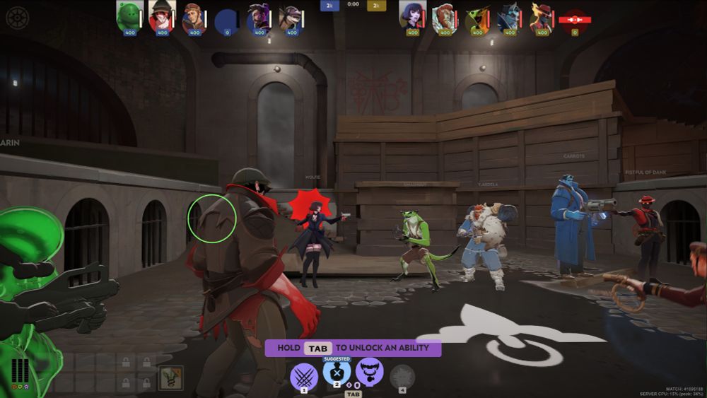 A screenshot from the game deadlock featuring several characters in a sewer. At the forefront of the image is the hero Drifter, a vampire. A green circle is placed on his back, highlighting the fang-like parts of the coat he's wearing.