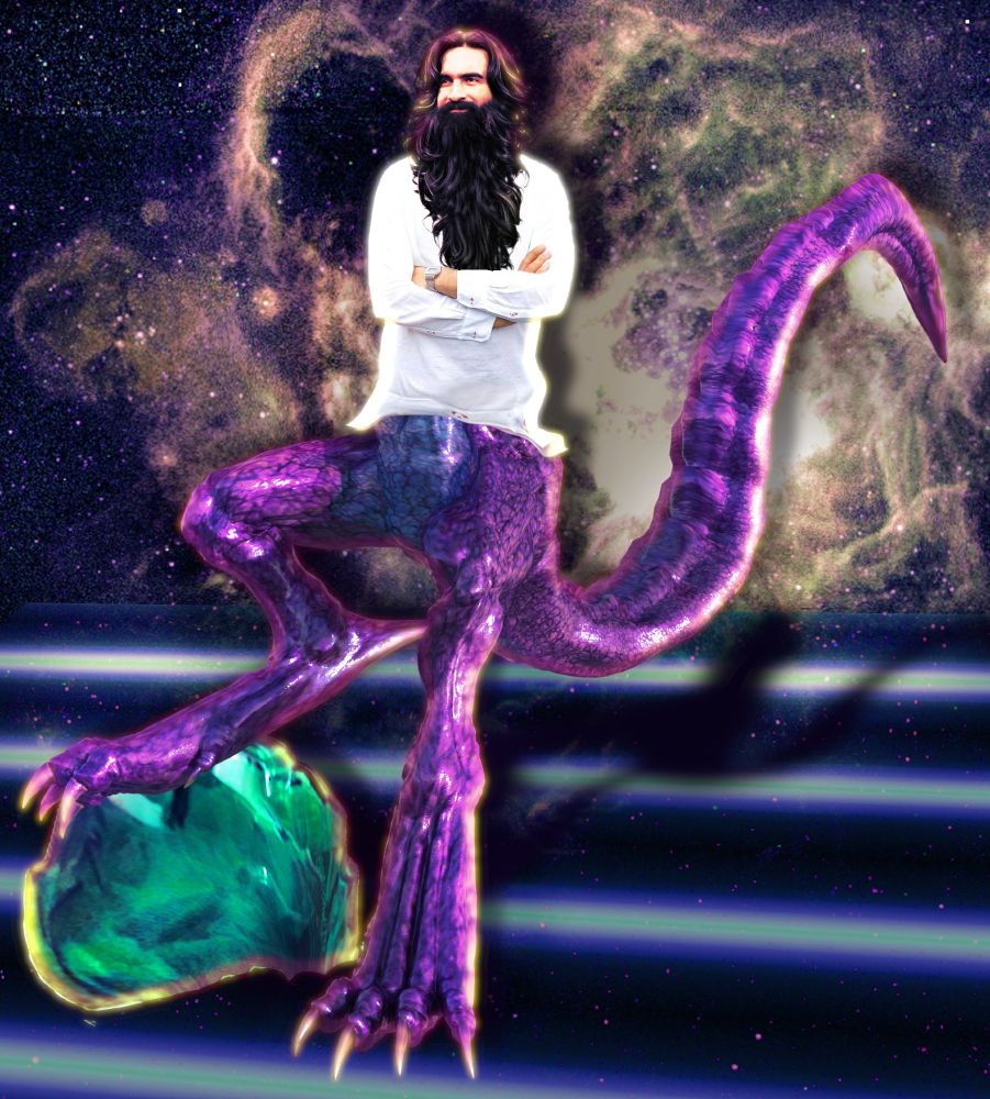 New York mayoral candidate zohran k mamdani photoshoped with extensively embiggened hair and beard. Also dinosaur legs and a tactical rock, with galaxies in the background.