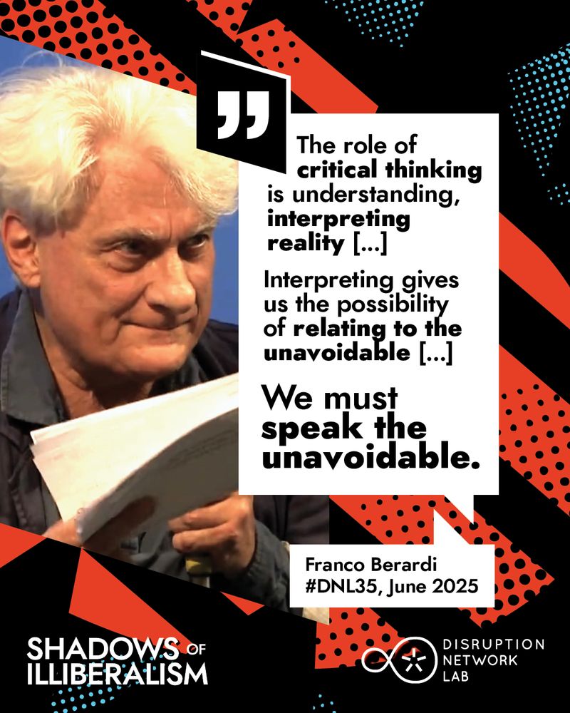 Expressive portrait of Franco “Bifo” Berardi, mid-speech with animated hand gestures. His quote is displayed beside him: “We must speak the unavoidable.” The background includes vivid, layered graphic textures in bright colors.
