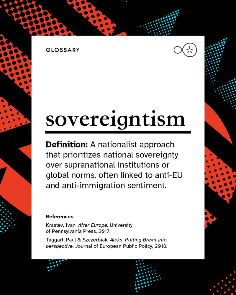 Image description: Glossary card for “sovereigntism.” Defines it as a nationalist focus on state sovereignty over global or EU norms, often connected to anti-immigration views. Cites Ivan Krastev and Paul Taggart.