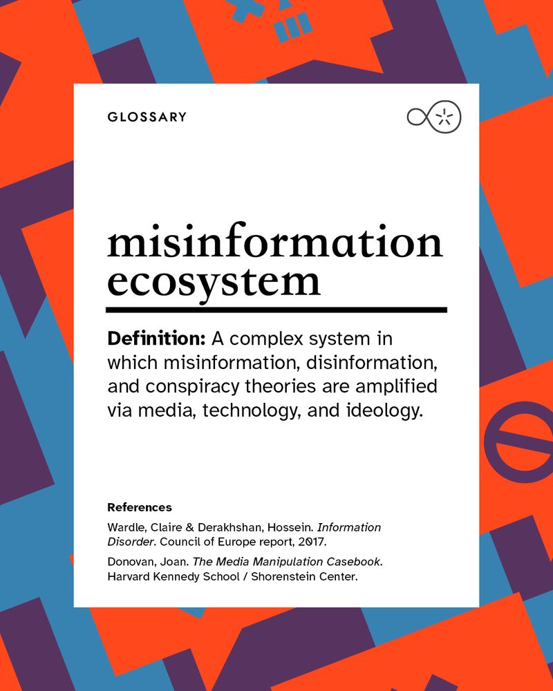 Image description: A glossary slide titled “misinformation ecosystem.” It defines the term as a complex system where misinformation, disinformation, and conspiracy theories spread via media, technology, and ideology. References include Claire Wardle, Hossein Derakhshan, and Joan Donovan.