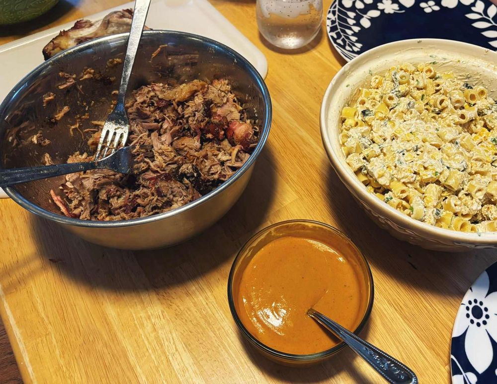 Pulled pork, mustard bbq sauce, and pasta salad