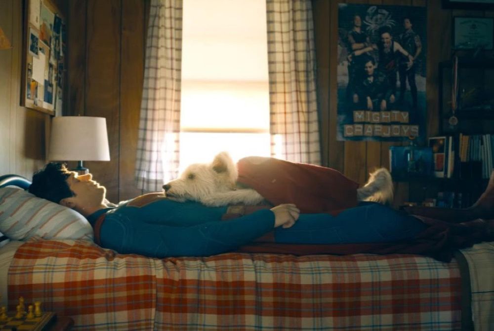 Superman lying in his bed in front of an open window with Krypto sprawled on top of him.