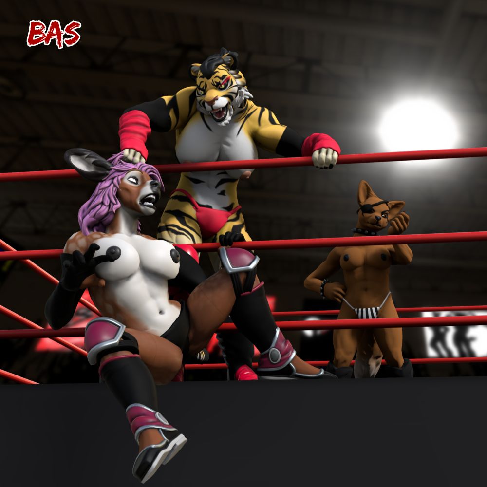 Keiji: And Sumika yanks her opponent back into the ring by her pretty pink locks as she aborts an early forfeit by Sinclair! No mercy for cowards in BRAWL!

Baraki: While I agree it's a poor showing by Sinclair to try and leave, but hair pulling?! Really?

Keiji: All's fair in my book, Baraki. Christine should have thought about that before trying to escape her lumps!

Baraki: And referee Ten is just letting it happen... like I know she's got an eye-patch and all but even a mole could see Sumika is going too far!