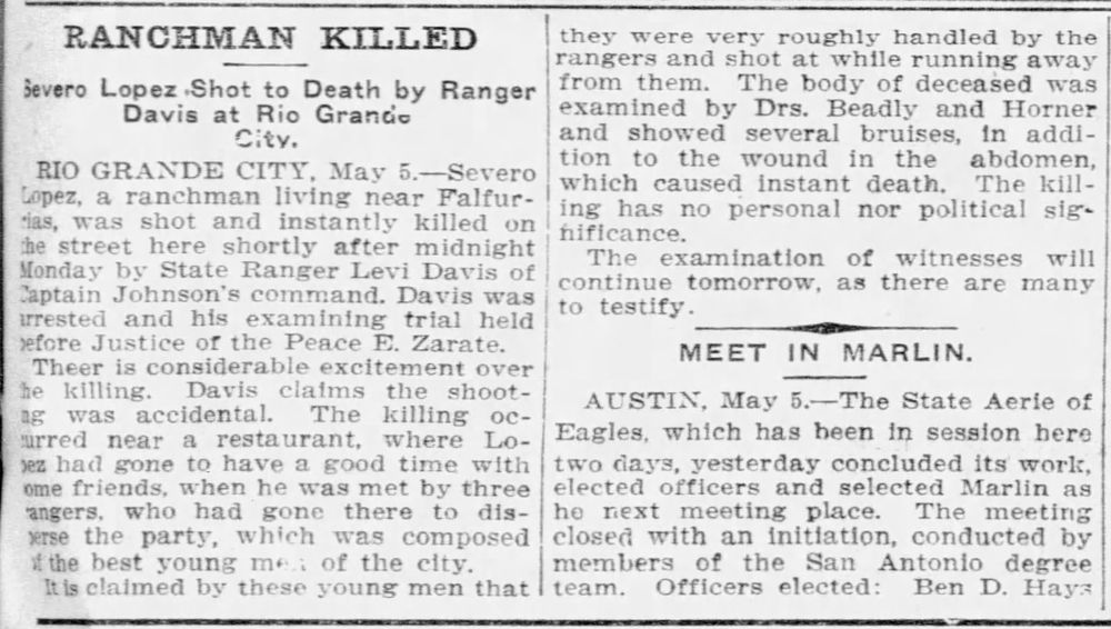 "Ranchman Killed," Fort Worth Sat Telegram, May 5, 1909