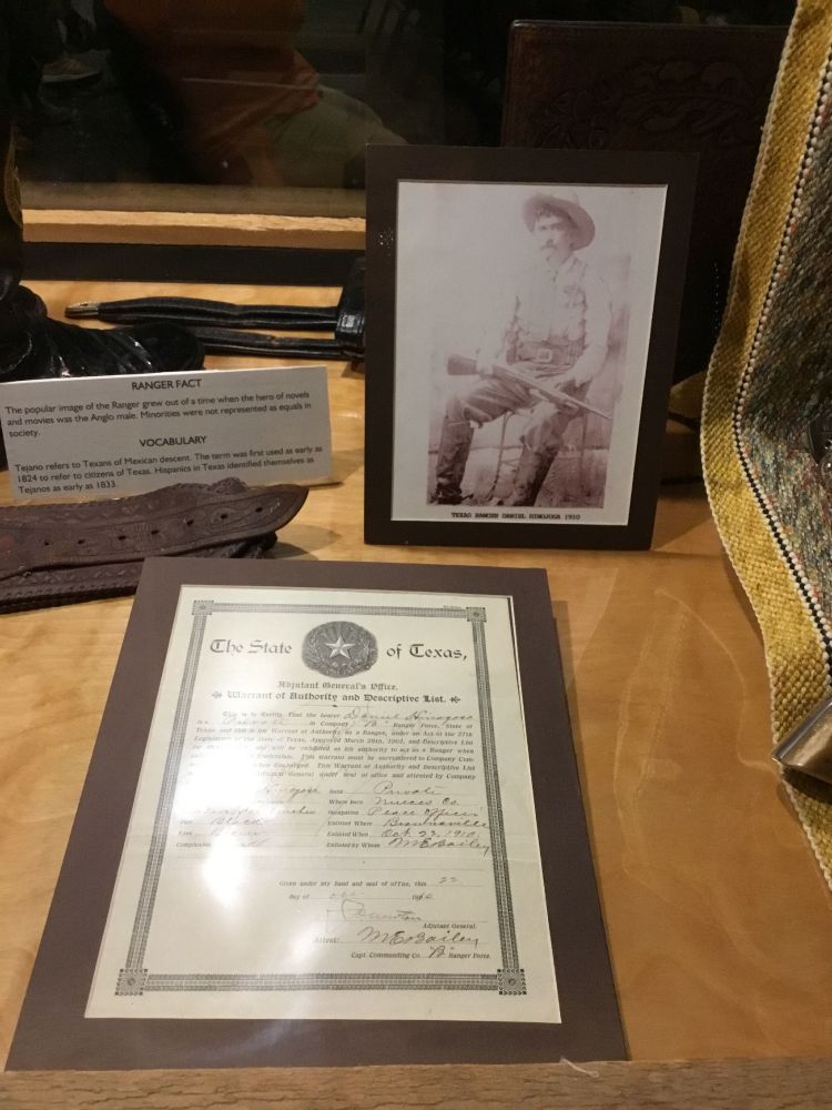 “A photograph taken in 2020 of Texas Ranger Museum display of a photograph of Daniel Hinojosa and Hinojosa’s Ranger commission.”