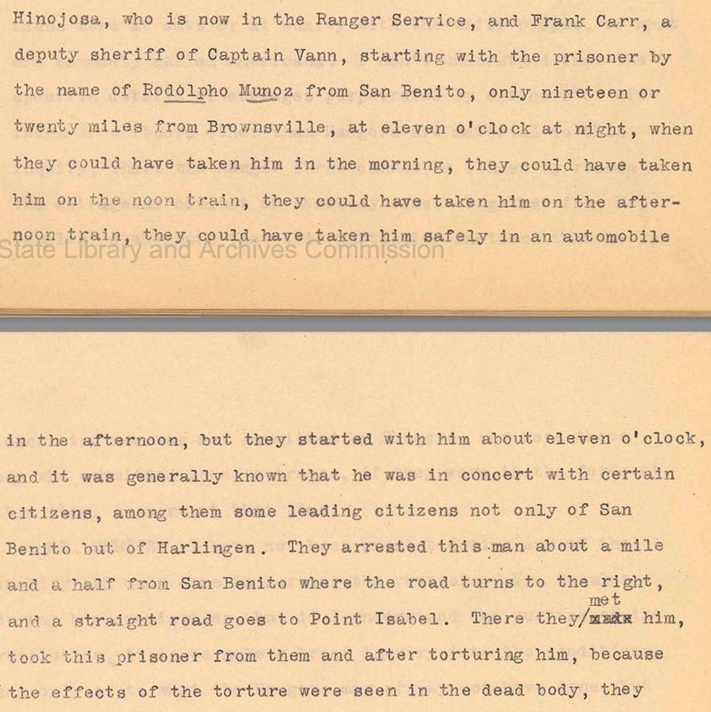 J.T. Canales’ description of the Muñoz lynching.  Canales hearings, p. 858-9