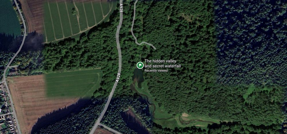 A google map image of Scotland's countryside with an area highlighted called "The hidden valley and secret waterfall".