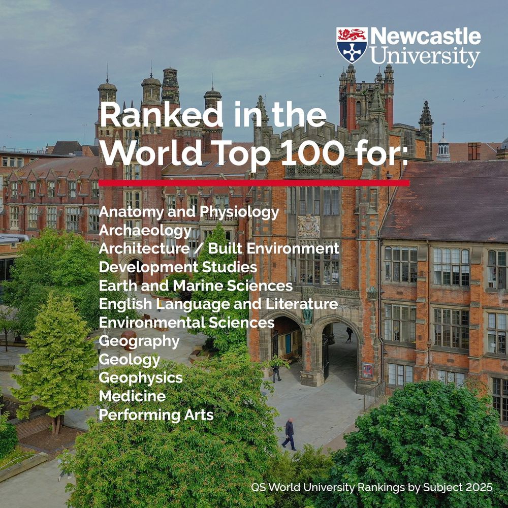 Aerial view of Newcastle University, featuring classic redbrick buildings and lush greenery. Overlay text highlights the university's ranking in the top 100 for various subjects including Anatomy and Physiology, Archaeology, and more, according to QS World University Rankings by Subject 2025.