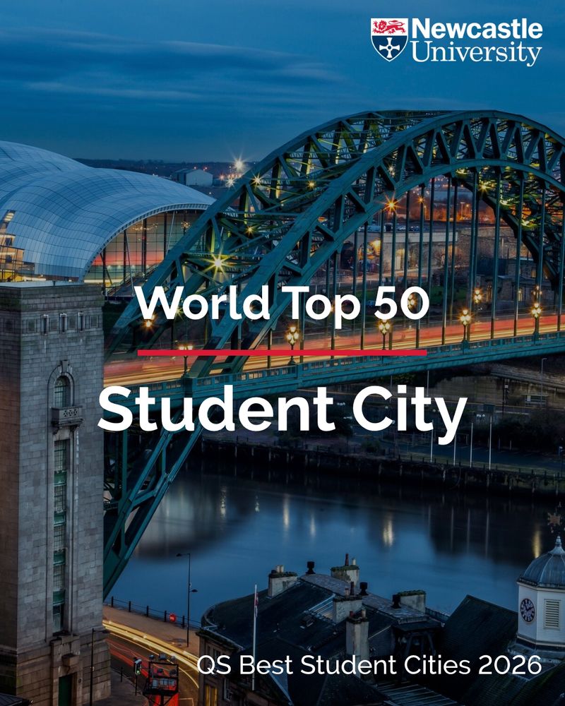 An image of the Tyne Bridge at dusk. Text overlaid says "World top 50 student city" QS Best Student Cities 2026
