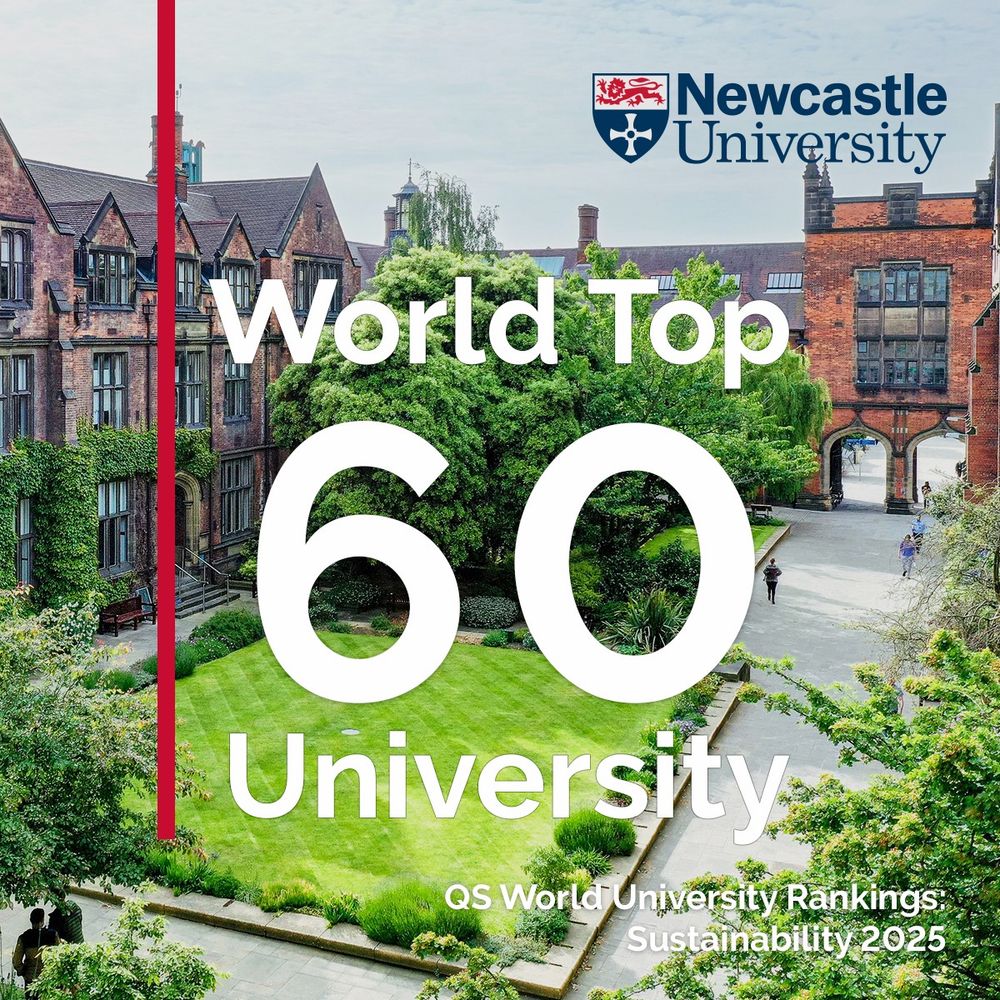Promotional image for Newcastle University highlighting its ranking in the top 60 of the QS World University Rankings for Sustainability 2025. The photo features a lush campus courtyard with traditional red brick buildings and walking paths.