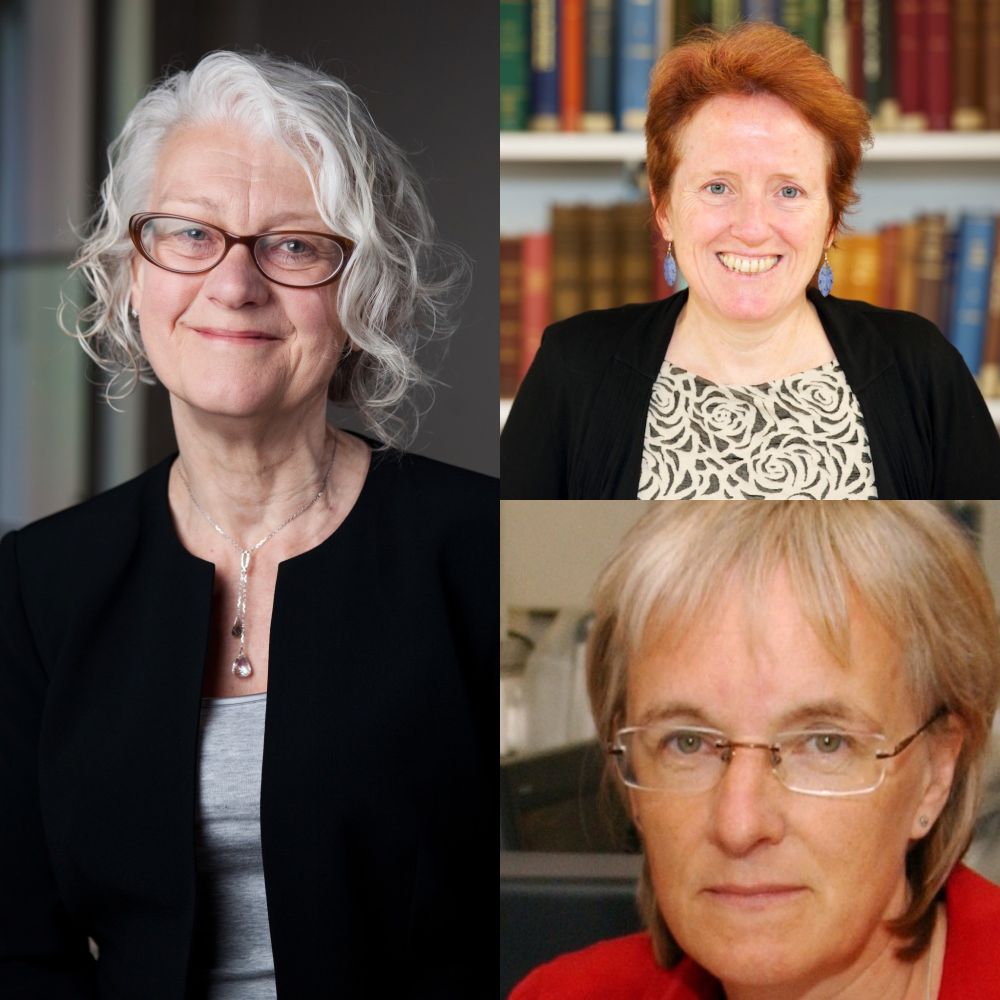 Three portraits of individuals, featuring a person with curly grey hair and glasses, another with short red hair and a patterned top, and one with blonde hair and glasses, set against various indoor backgrounds.