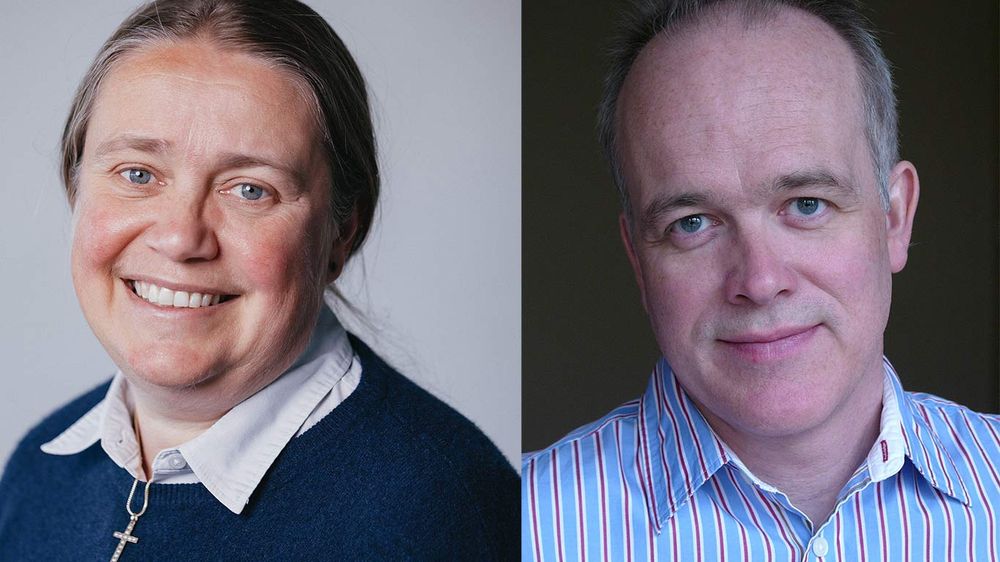 Images of two individuals looking at the camera. Both are headshots with each person smiling. A woman wears a navy jumper and a silver cross necklace; a man wears a smart, blue and red striped shirt. 