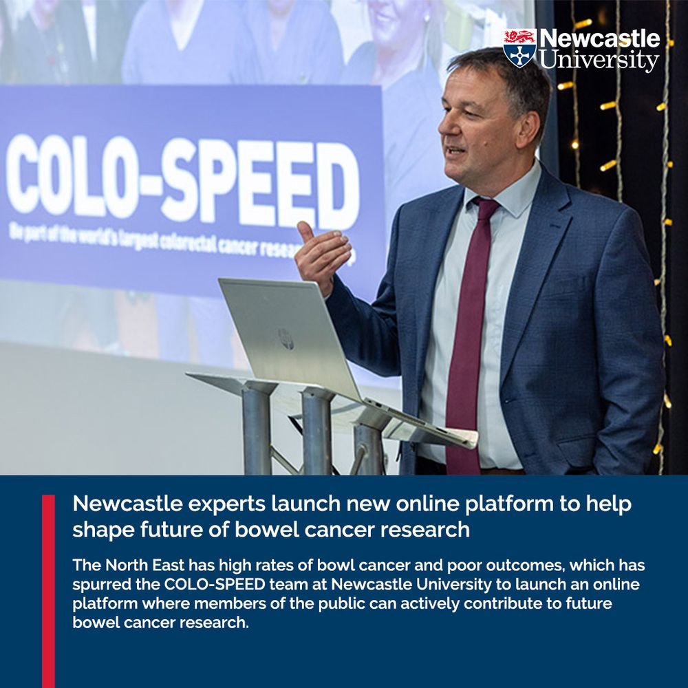 A person presenting at a Newcastle University event for the COLO-SPEED project, which focuses on bowl cancer research. The background displays the university's name and details about the project.