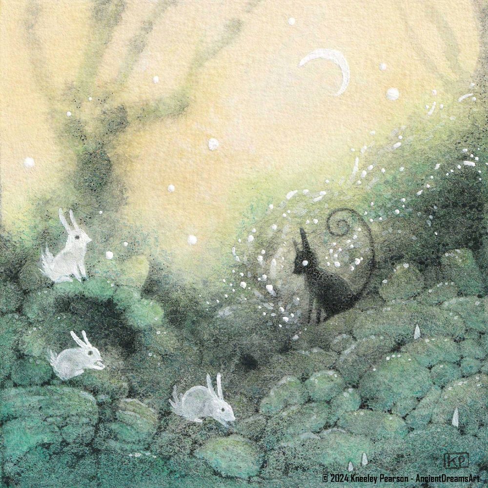 A black cat watches 3 white rabbits play in a mossy forest. The painting is ethereal and dreamy with green and yellow tones.