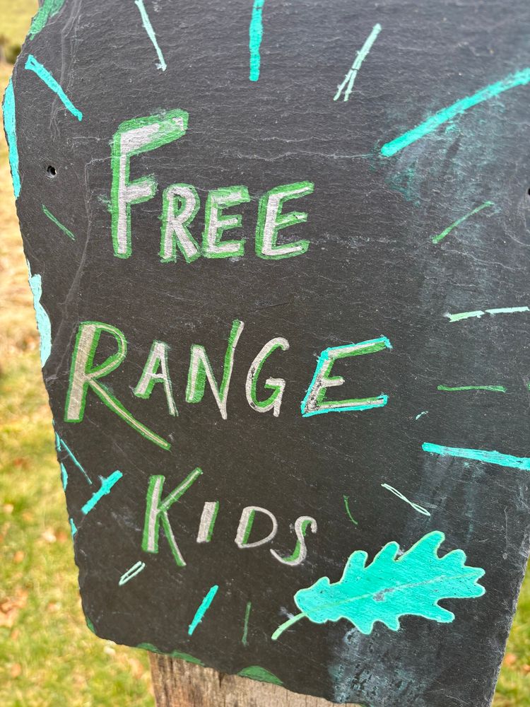 Chalkboard sign saying “free range kids”
