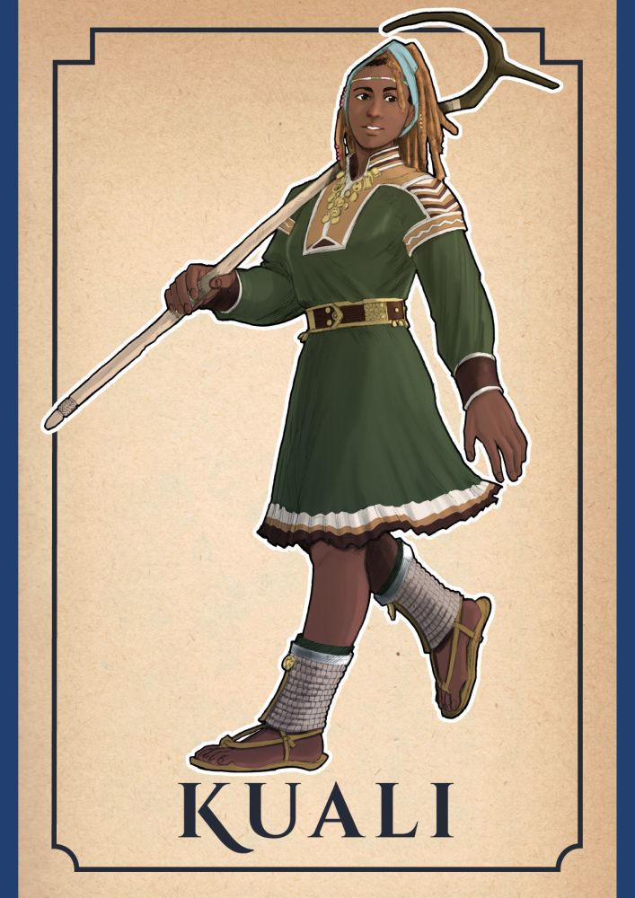 A woman with red-toned brown skin and her hair in braids sealed with clay, strolls easily with a herder's crook over one arm. She wears a green dress with beadwork embroidery around the collar and shoulders, and sandals with ankle cuffs of beads and bells.