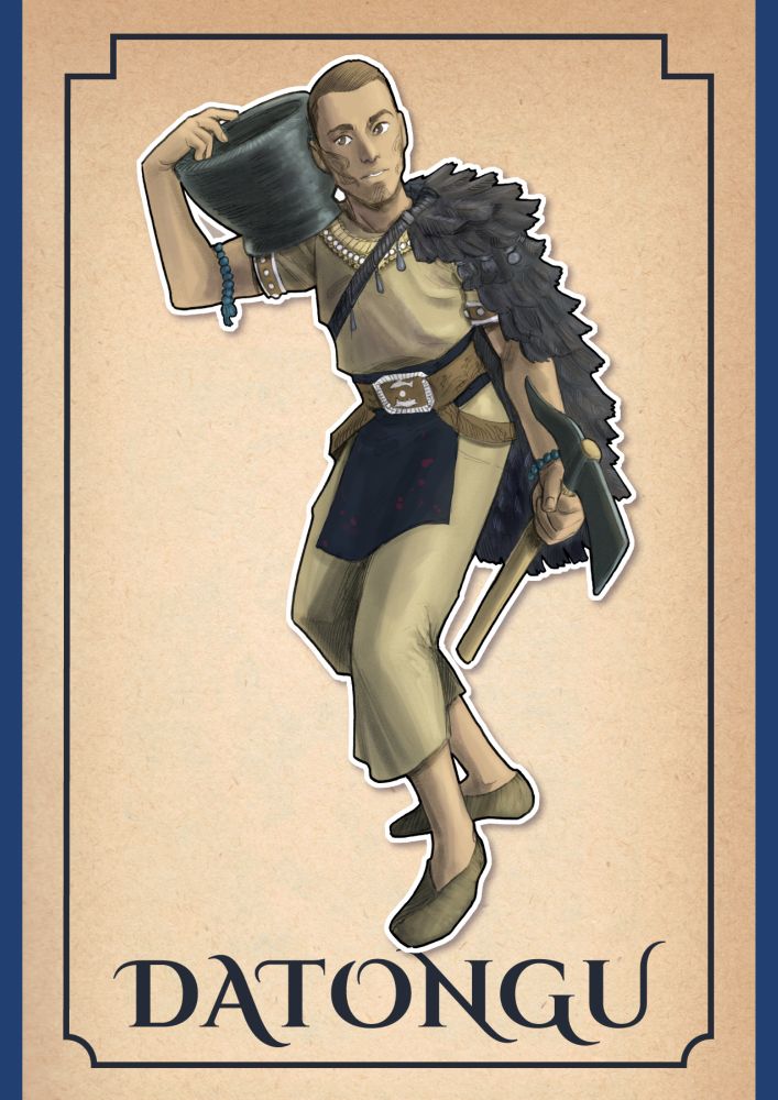 A medium skinned man with monolid eyes and a tattoo on his right cheek, carries a stone bowl and a mattock. his head is shaved, and he wears a fur cloak and loose trousers and a shirt. 