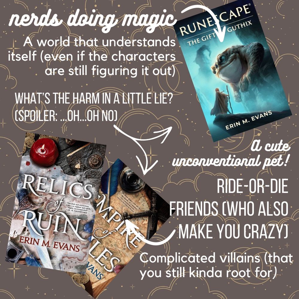 Books of the Usurper opposite Gift of Guthix with arrows showing shared themes and elements:Nerds doing magic, a world that understands itself (even if the characters are still figuring it out), A cute unconventional pet!, ride-or-die friends (who also make you crazy), complicated villains (that you still kinda root for), "What's the harm in a little lie? (Spoiler:...oh...oh no).