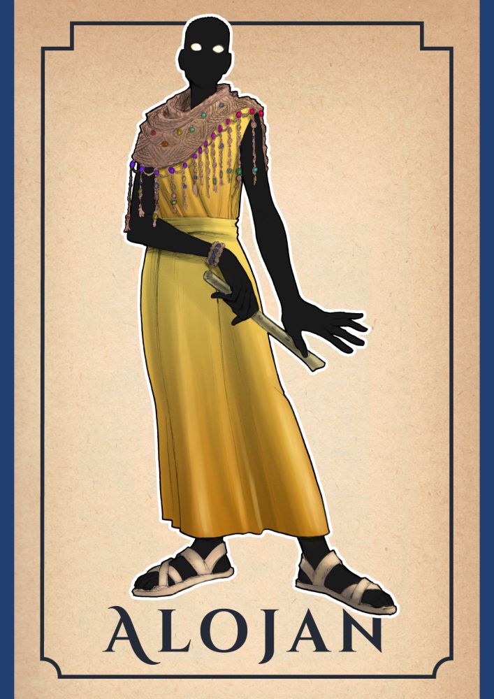 A very tall woman whose skin is essentially Vantablack with glowing eyes. She is bald and wearing a yellow dress, a shawl with intricate knotwork tassels and sandals. She is holding a bone flute. The title says ALOJAN.