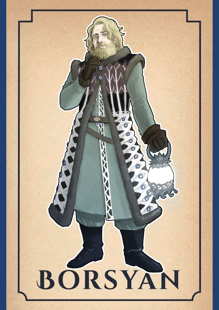 A pale man with curly blond hair wearing a heavily embroidered coat decorated with tree-like shapes and eyes. He holds a lantern which is powered by the cold-magic. The title reads BORSYAN.
