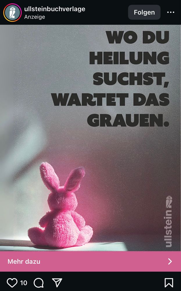 ein buchcover eines buchs vom ullstein verlag, darauf zu sehen ist von hinten ein rosa plüschhase und der text „wo du heilung suchst, wartet das grauen“