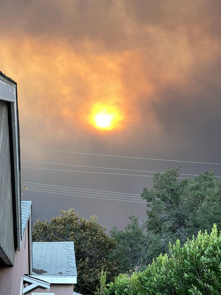 Looking up into the sky at heavy smoke with bright orange sun heavily covered in smoke 