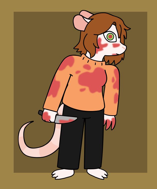 Rodent woman stareing creepily while holding a knfie covered in blood.