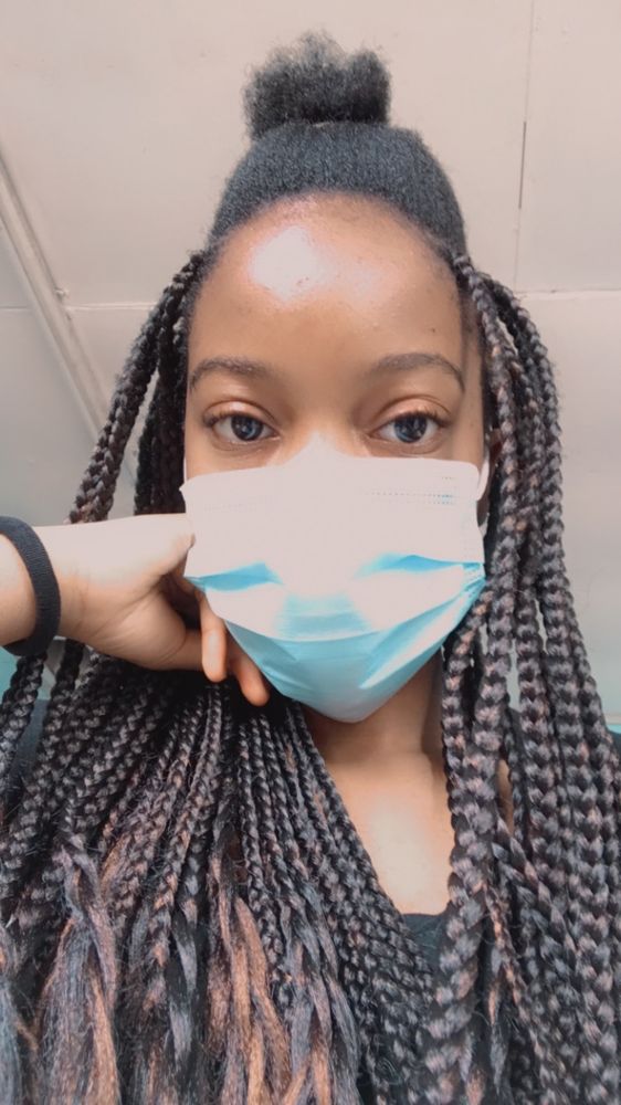 17 year old Hazel wearing a mask at the salon 