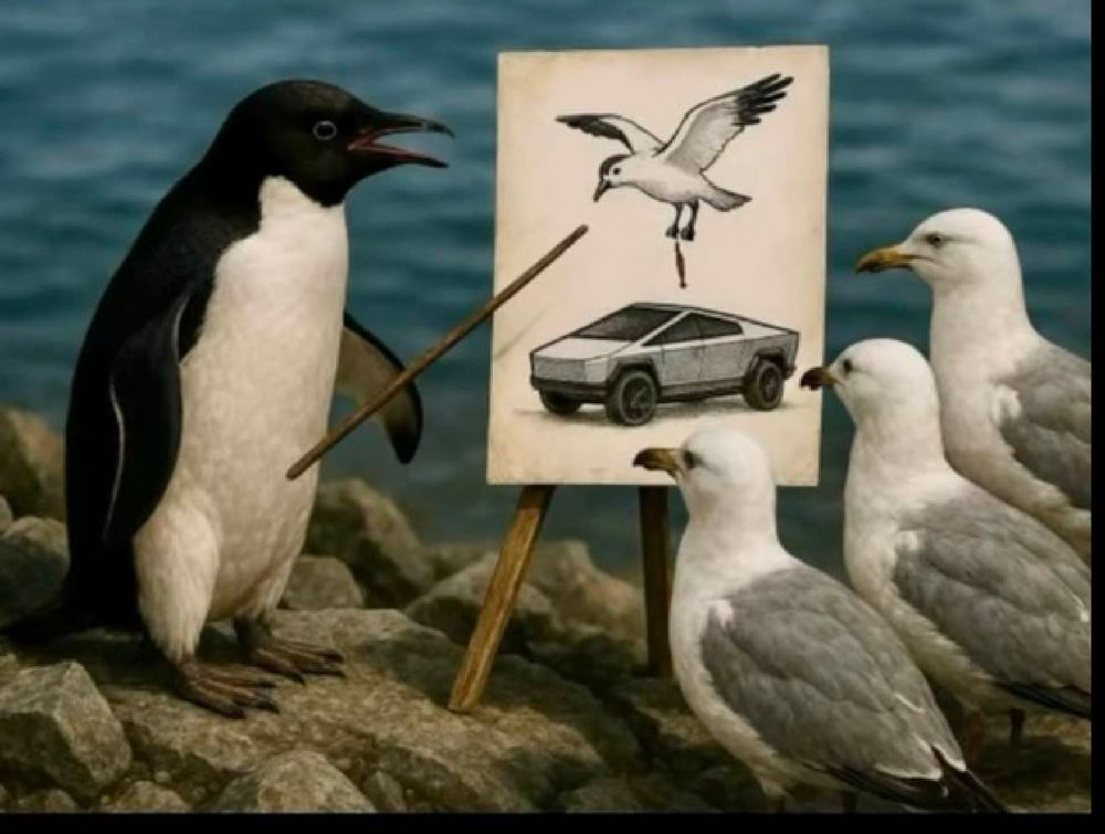 A penguin teaching a flock of seagulls to target CyberTruck with droppings 